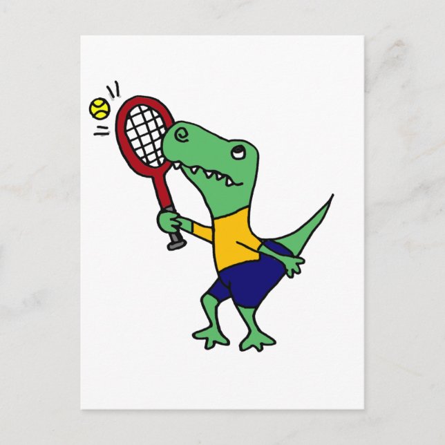 UV- Funny T-Rex Dinosaur Playing Tennis Cartoon Postcard (Front)