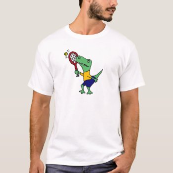 Uv- Funny T-rex Dinosaur Playing Tennis Cartoon T-shirt by tickleyourfunnybone at Zazzle