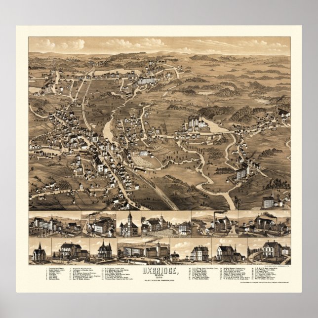 Uxbridge, MA Panoramic Map - 1880 Poster (Front)