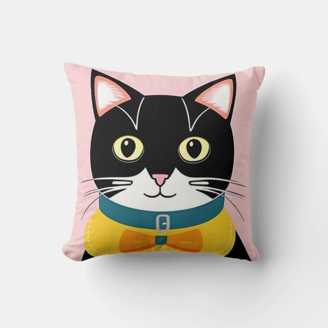 uxedo Cat With Yellow Bowtie and Collar Throw Pillow (Front)