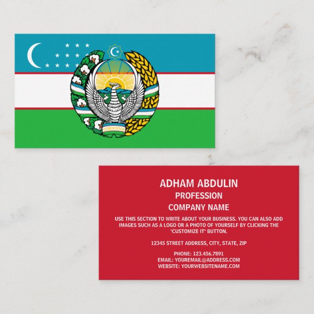 Uzbek Flag & State Emblem, Flag of Uzbekistan Business Card (Front/Back)