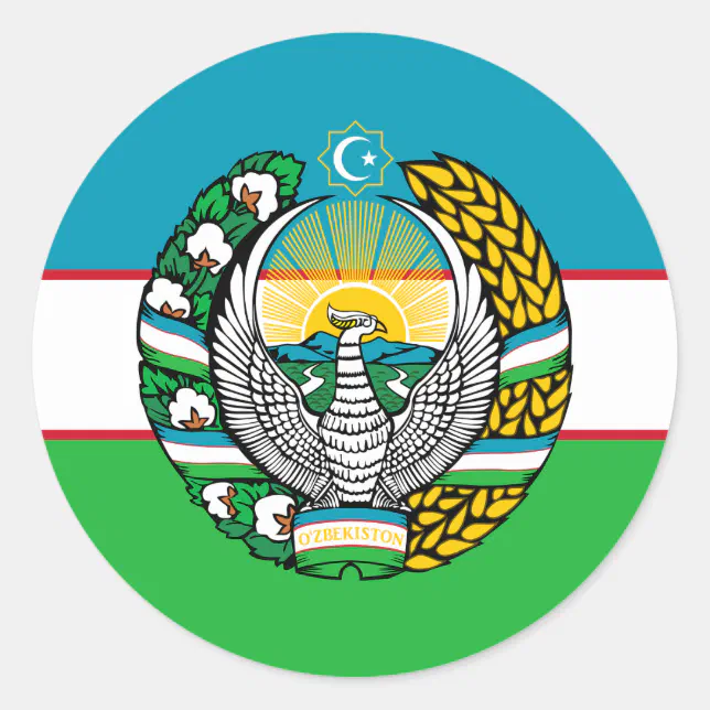 Uzbek Flag And State Emblem Flag Of Uzbekistan Classic Round Sticker Zazzle