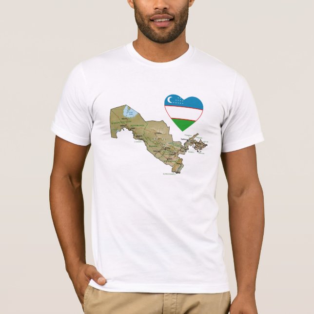 Uzbekistan Flag Heart and Map T-Shirt (Front)