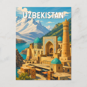 Uzbekistan Illustration Travel Art Vintage Postcard