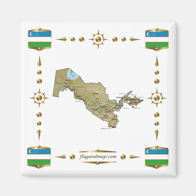 Uzbekistan Map + Flags Magnet (Front)