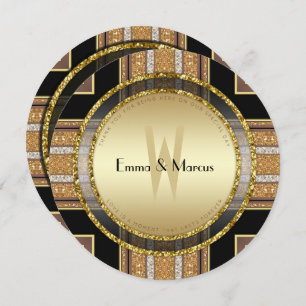 V1 Art Deco Gold Glitter Round Wedding Invitation