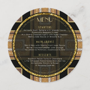 V1 Art Deco Gold Round Wedding Menu Card