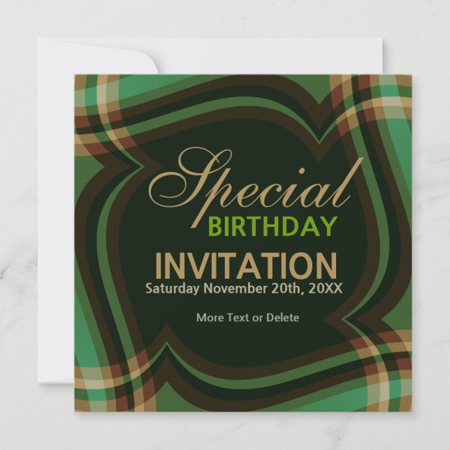 v2. Green Gold Tartan Square Invitation (Front)
