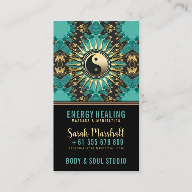 V2 Teal Gold Eastern Sparkle  Yin Yang Business Card (Front)