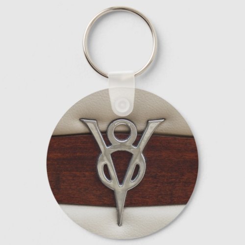 V8 Chrome Emblem Leather and Wood Keychain