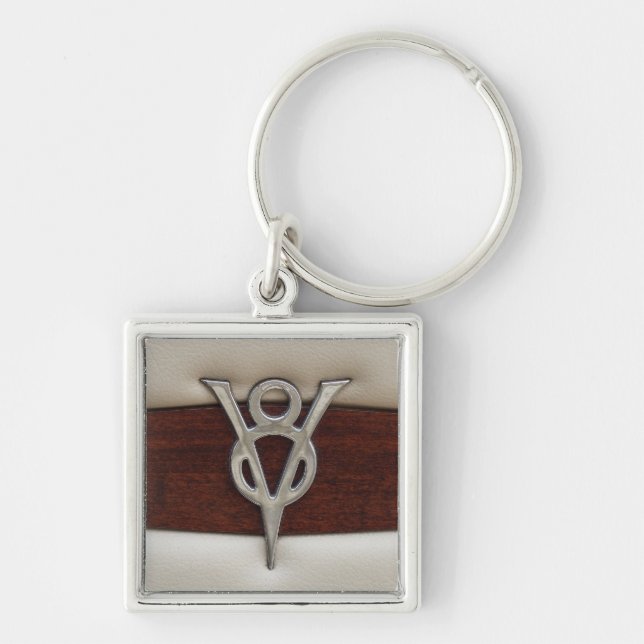 V8 Chrome Emblem Leather and Wood Keychain (Front)