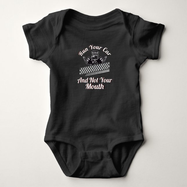 V8 Motor Fan Car Mechanic Drag Racing Racing Car Baby Bodysuit (Front)