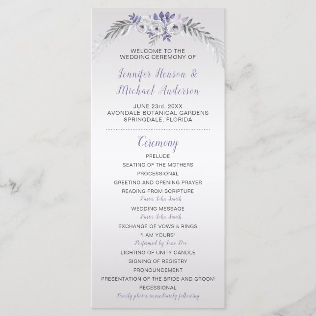V#2 Purple Gray Silver Floral Wedding Program (Front)