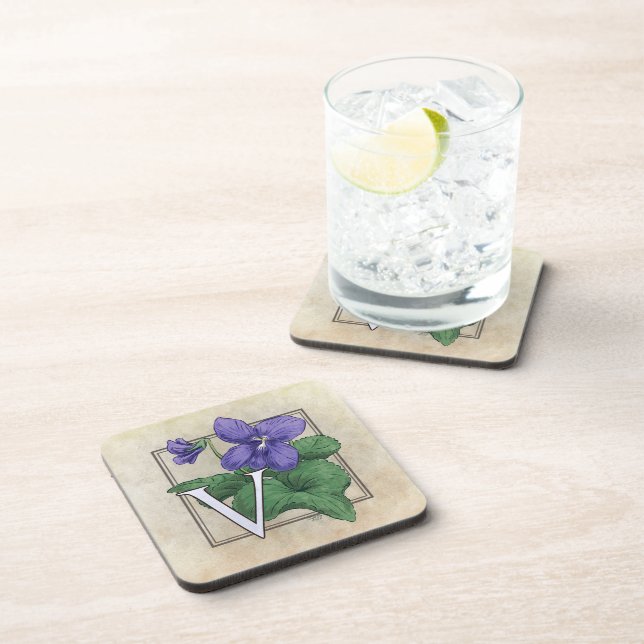 V for Violet Floral Monogram Drink Coaster (Right Side)