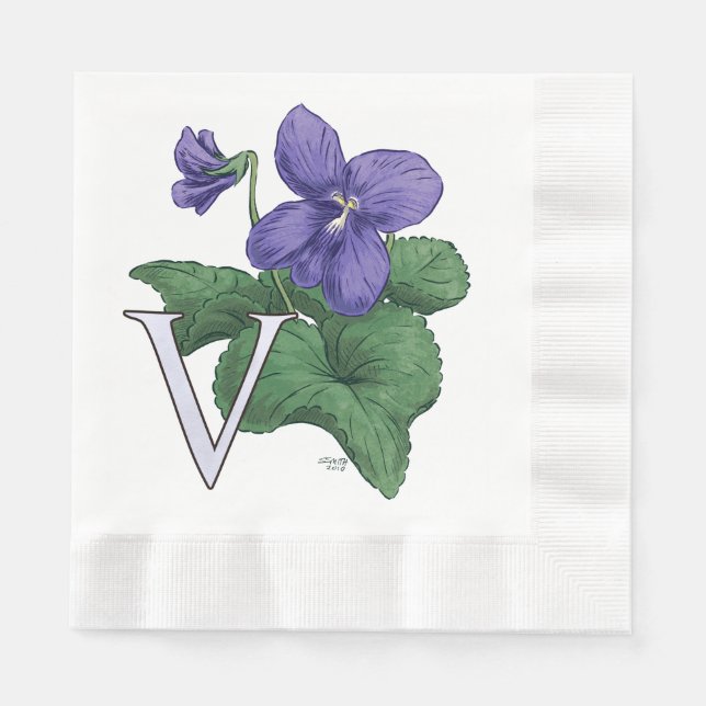 V for Violet Floral Monogram Paper Napkins (Front)
