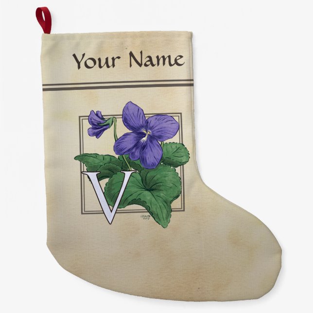 V for Violet Flower Alphabet Monogram Large Christmas Stocking (Front)