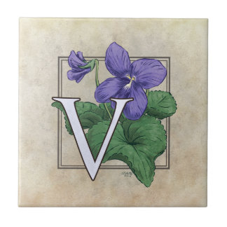 V for Violet Flower Floral Monogram Art Tile