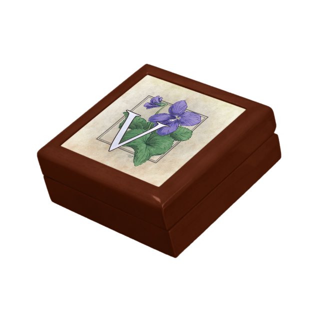 V for Violet Flower Monogram Jewelry Box (Side)