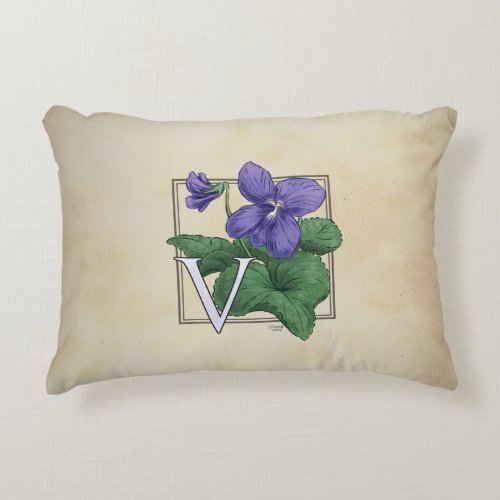 V for Violets Flower Monogram Artwork Decorative Pillow