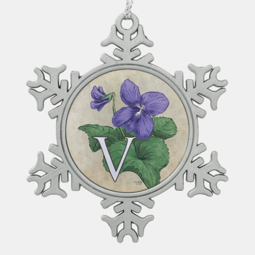 V for Violets Flower Monogram Artwork Snowflake Pewter Christmas Ornament
