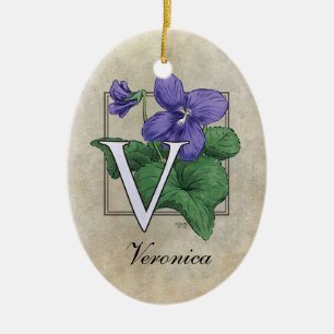 V for Violets Flower Monogram Ceramic Ornament