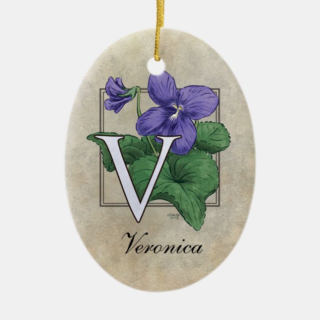 V for Violets Flower Monogram Ceramic Ornament (Front)