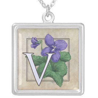 V for Violets Flower Monogram Silver Plated Necklace