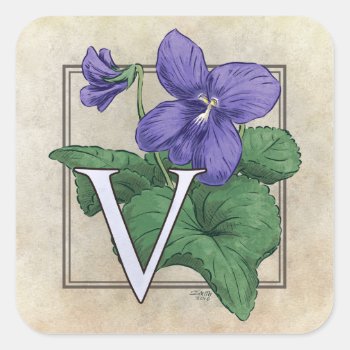 V For Violets Flower Monogram Square Sticker by critterwings at Zazzle