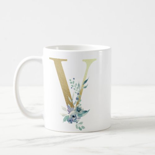 V  golden initial with blue floral foliage coffee mug