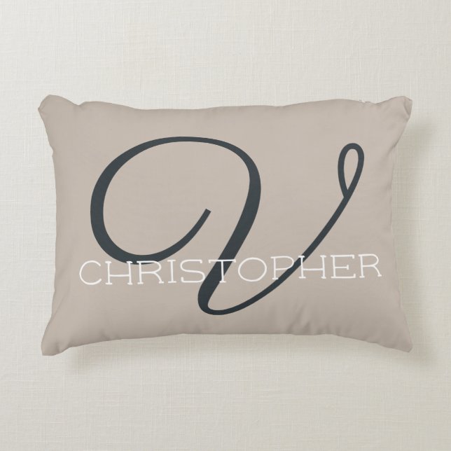 V Initial Calligraphy Name Taupe Tan Neutral Chic Accent Pillow (Front)