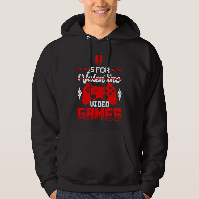 V Is For Video Games  Valentines Day Gamer Boy Men Hoodie (Front)