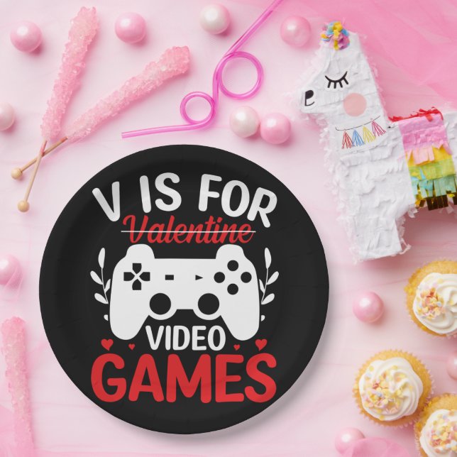 V is for Video Games with Valentine Crossed Out Paper Plates (Party)