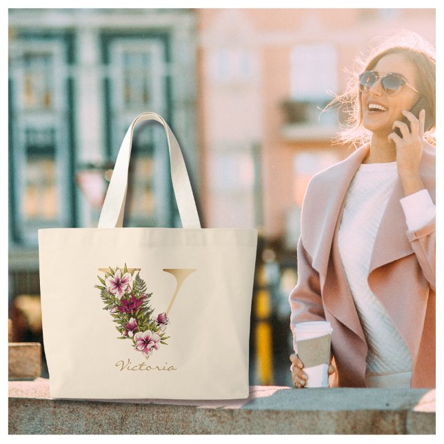 V Letter Gold Monogram Marsala White Florals Large Tote Bag (Creator Uploaded)