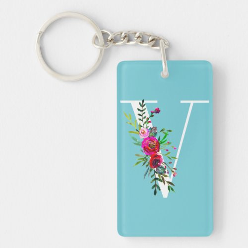 V Letter Initial Monogram Floral Custom Color Keychain