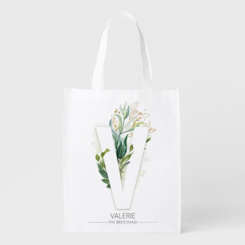 V Letter Monogram Elegant Gold Greenery Foliage Grocery Bag