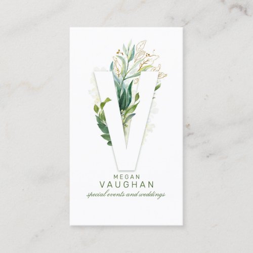 V Letter Monogram Gold Greenery Leaves Elegant Business Card