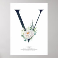 V Letter Monogram White Flowers and Greenery Poster