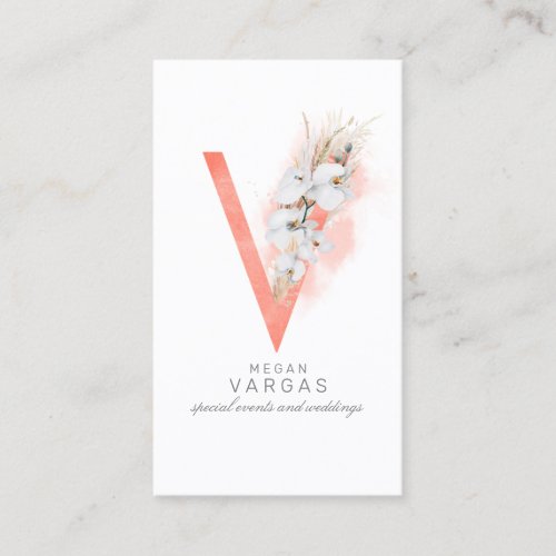 V Letter Monogram White Orchids and Pampas Grass Business Card