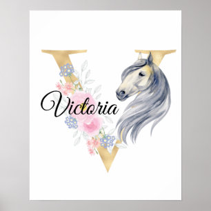 V letter personalized name monogram with horse poster