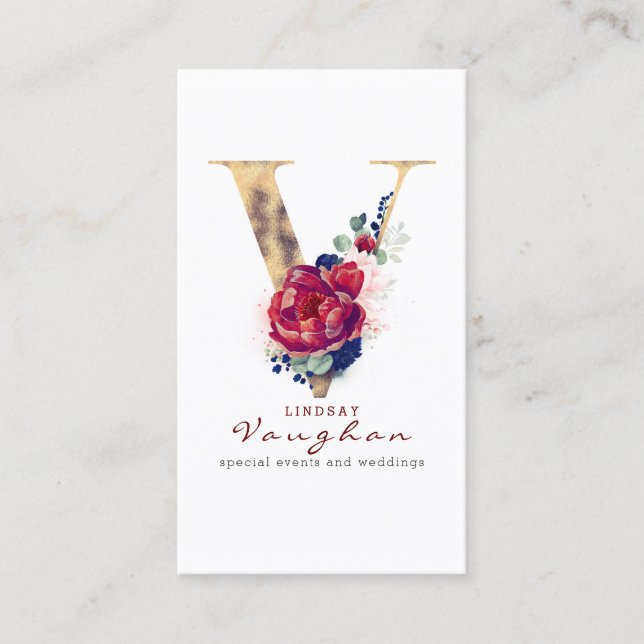 V Monogram Burgundy Gold and Navy Blue Floral Business Card (Front)