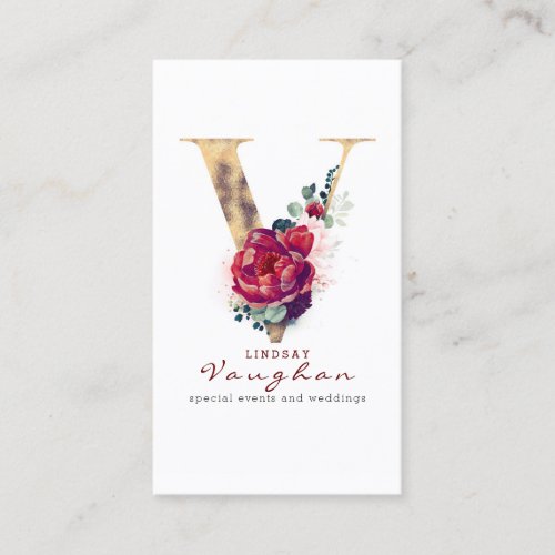 V Monogram Burgundy Red Flower and Gold Glitter Business Card