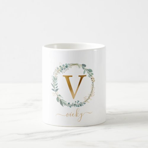 V monogram customer specific leafy wreath   coffee mug
