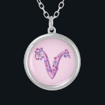V monogram decorative letter necklace<br><div class="desc">Pretty letter V monogram pendant. Whimsical letter drawing of the capital initial letter V ideal for gifting girls with a name that begins with a V. Background color can be changed if required,  currently light pink. © Original drawing and design by Sarah Trett www.sarahtrett.com for www.mylittleeden.com</div>