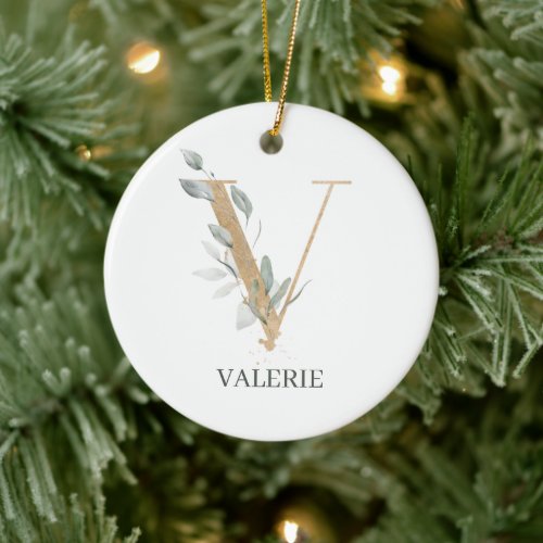 V Monogram Floral Personalized Ceramic Ornament