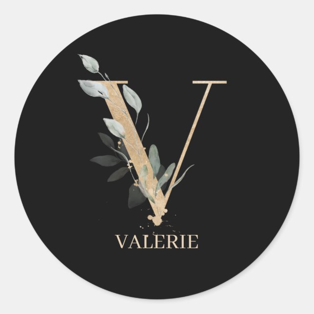 V Monogram Floral Personalized Classic Round Sticker (Front)