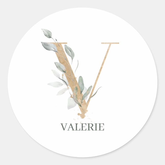V Monogram Floral Personalized Classic Round Sticker (Front)