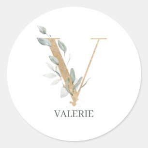 V Monogram Floral Personalized Classic Round Sticker