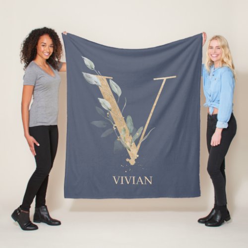 V Monogram Floral Personalized Fleece Blanket