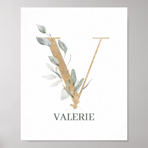 V Monogram Floral Personalized Poster