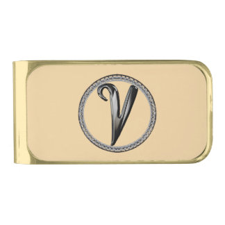 V Monogram Gold Finish Money Clip
